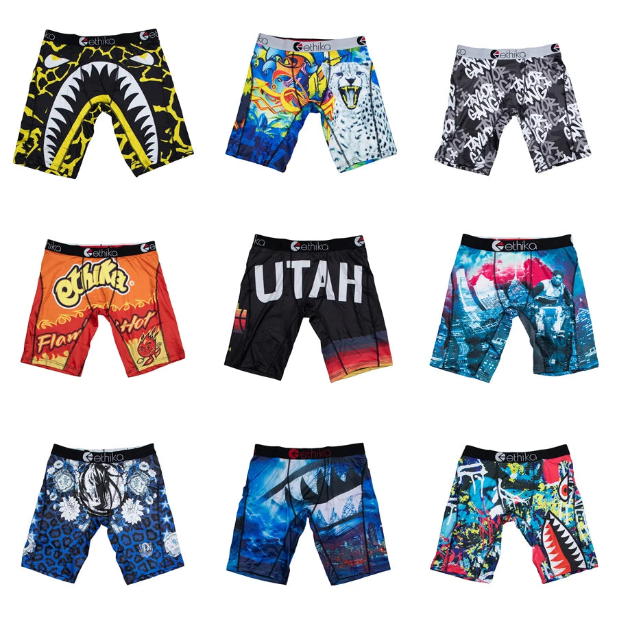 ETHIKA 1Pcs Men Underwear Boxers Breathable Mesh Crotch Man Underpants Plus Size L-3XL Mens Panties Printed Men's Boxers Briefs